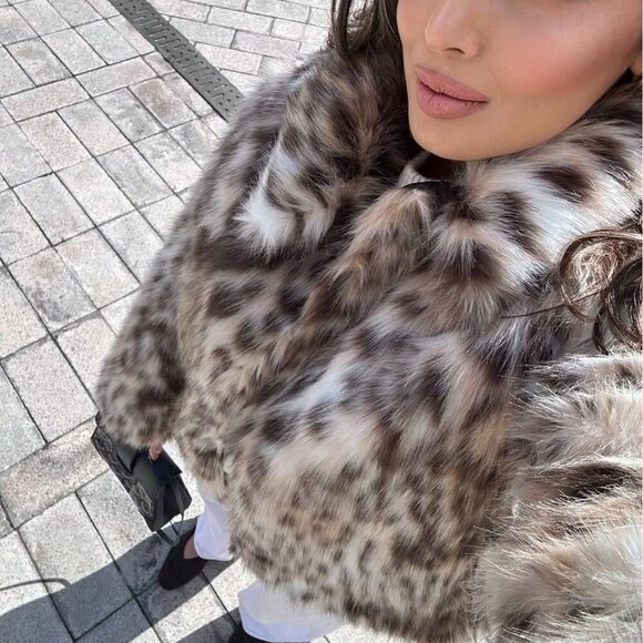 Brown Women's Elegant Leopard Print Faux fur  Side Pockets Coat - Picture 2 of 9